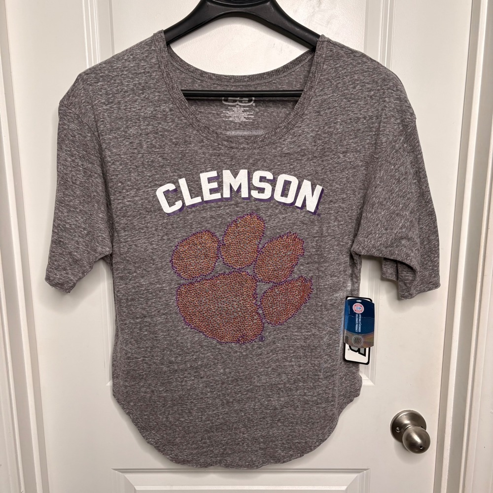 Clemson Tigers Womens XL T-Shirt  Gray Rhinestone Bling Paw Print Scoop Neck NWT